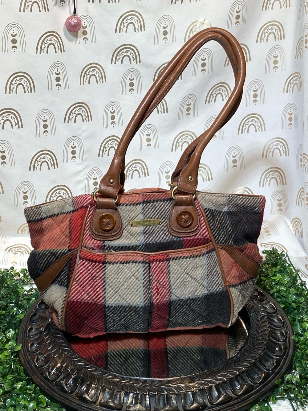 Vera Bradley Red, Black, Cream Plaid Shoulder Bag with Brown Handles